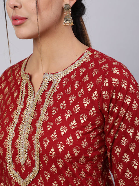 Women Maroon Ethnic Printed Kurta With Palazzo And Dupatta