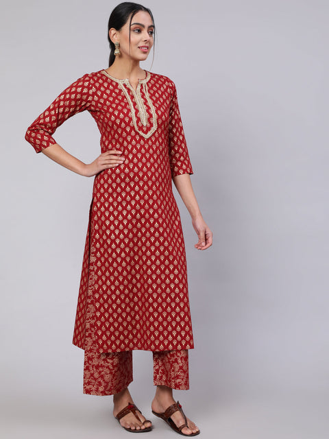 Women Maroon Ethnic Printed Kurta With Palazzo And Dupatta