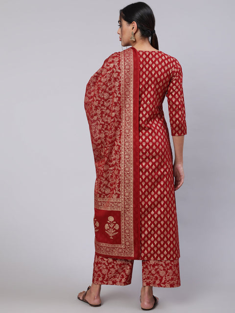 Women Maroon Ethnic Printed Kurta With Palazzo And Dupatta