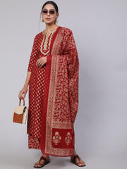 Women Maroon Ethnic Printed Kurta With Palazzo And Dupatta