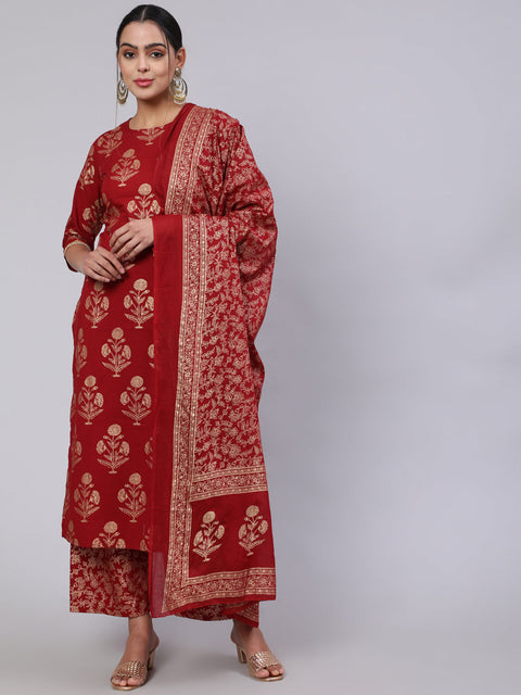 Women Maroon Ethnic Printed Kurta With Palazzo And Dupatta