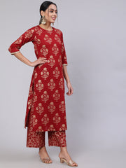 Women Maroon Ethnic Printed Kurta With Palazzo And Dupatta