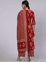 Women Maroon Ethnic Printed Kurta With Palazzo And Dupatta