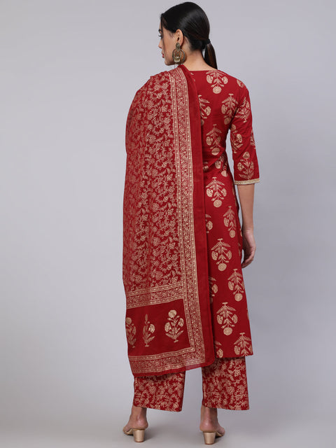 Women Maroon Ethnic Printed Kurta With Palazzo And Dupatta