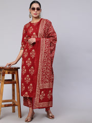 Women Maroon Ethnic Printed Kurta With Palazzo And Dupatta