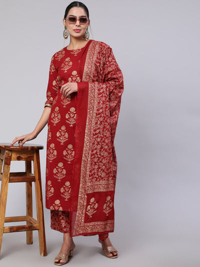 Women Maroon Ethnic Printed Kurta With Palazzo And Dupatta