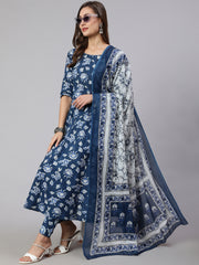 Women Blue Floral Printed Anarkali Kurta With Trouser And Dupatta