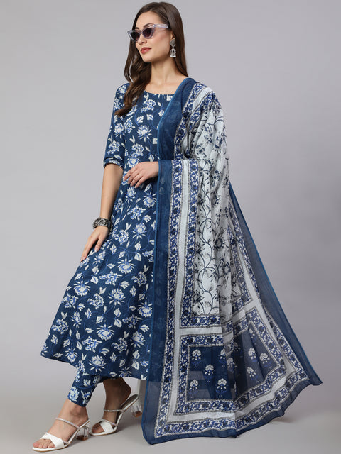 Women Blue Floral Printed Anarkali Kurta With Trouser And Dupatta