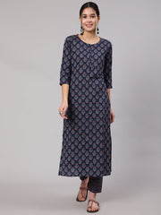 Women Blue Printed Straight Kurta With Trouser