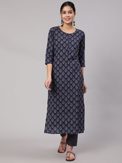 Women Blue Printed Straight Kurta With Trouser