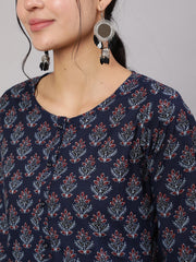 Women Blue Printed Straight Kurta With Trouser