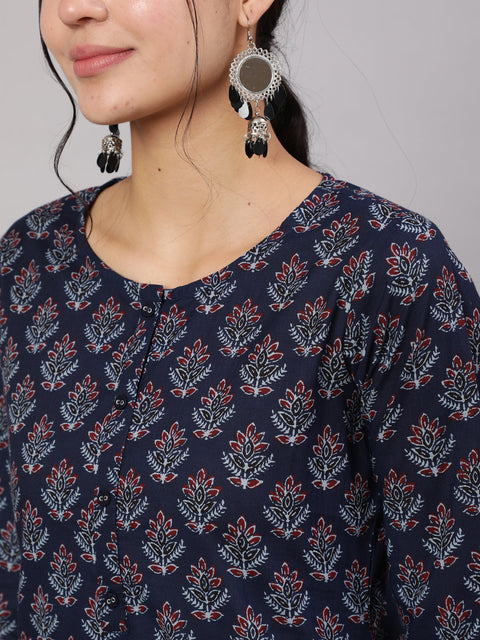 Women Blue Printed Straight Kurta With Trouser