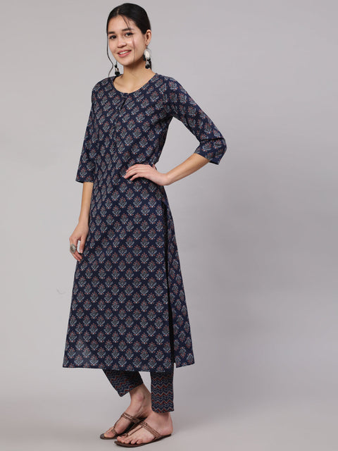 Women Blue Printed Straight Kurta With Trouser