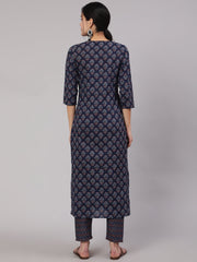 Women Blue Printed Straight Kurta With Trouser