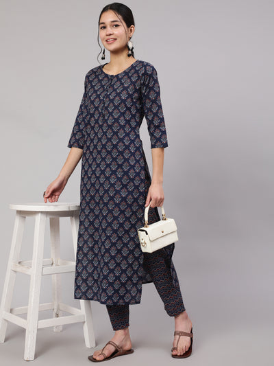 Women Blue Printed Straight Kurta With Trouser