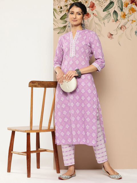 Women Lavender Printed Straight Kurta With Trouser