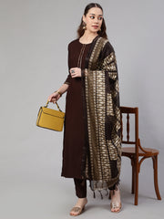 Women Dark Brown Straight Kurta With Palazzo And Art Silk Dupatta