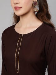 Women Dark Brown Straight Kurta With Palazzo And Art Silk Dupatta