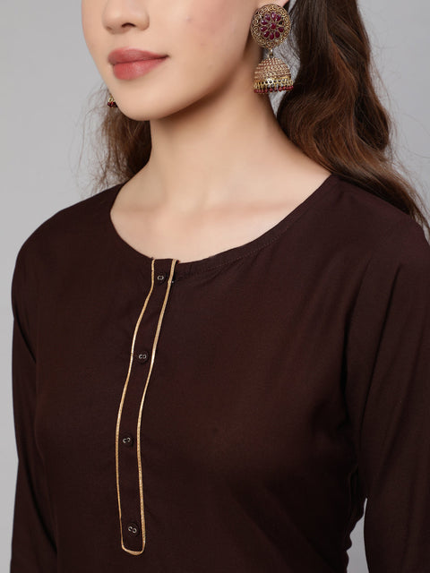Women Dark Brown Straight Kurta With Palazzo And Art Silk Dupatta