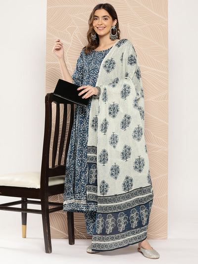 Women Blue Printed Flared Kurta And Trouser With Dupatta