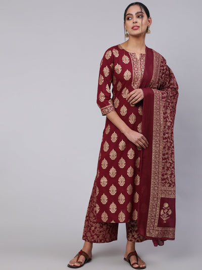 Women Burgundy Ethnic Printed Kurta With Palazzo And Dupatta