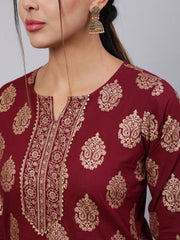 Women Burgundy Ethnic Printed Kurta With Palazzo And Dupatta
