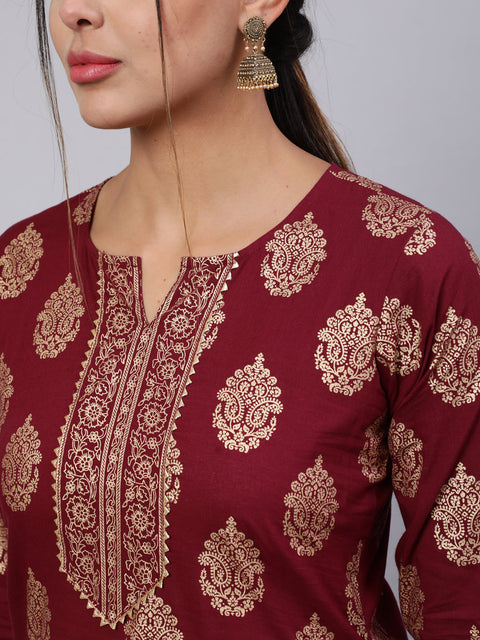 Women Burgundy Ethnic Printed Kurta With Palazzo And Dupatta