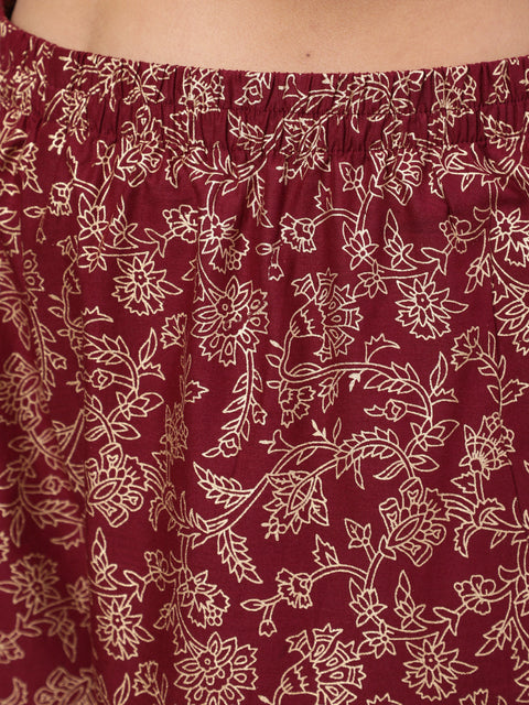 Women Burgundy Ethnic Printed Kurta With Palazzo And Dupatta