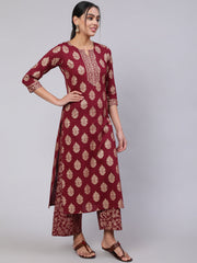 Women Burgundy Ethnic Printed Kurta With Palazzo And Dupatta