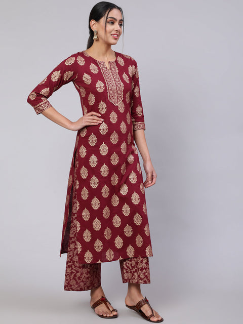 Women Burgundy Ethnic Printed Kurta With Palazzo And Dupatta
