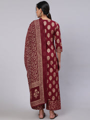 Women Burgundy Ethnic Printed Kurta With Palazzo And Dupatta