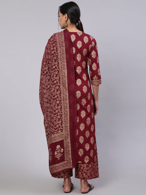 Women Burgundy Ethnic Printed Kurta With Palazzo And Dupatta