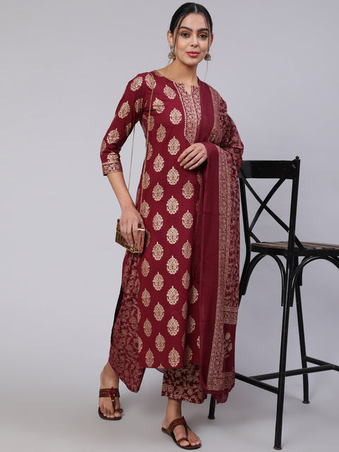 Women Burgundy Ethnic Printed Kurta With Palazzo And Dupatta