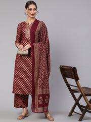 Women Burgundy Ethnic Printed Kurta With Palazzo And Dupatta