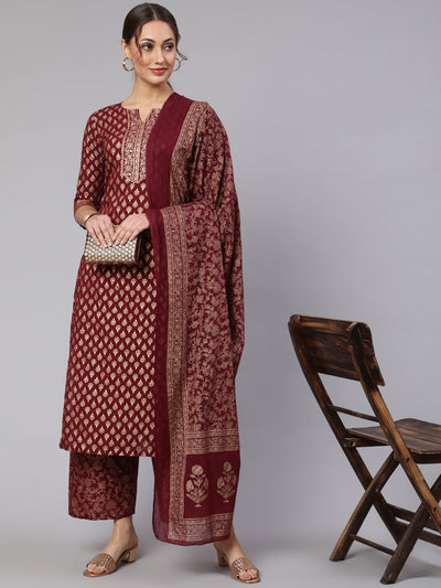 Women Burgundy Ethnic Printed Kurta With Palazzo And Dupatta