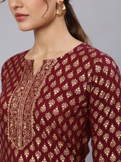 Women Burgundy Ethnic Printed Kurta With Palazzo And Dupatta