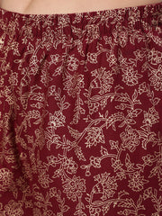 Women Burgundy Ethnic Printed Kurta With Palazzo And Dupatta