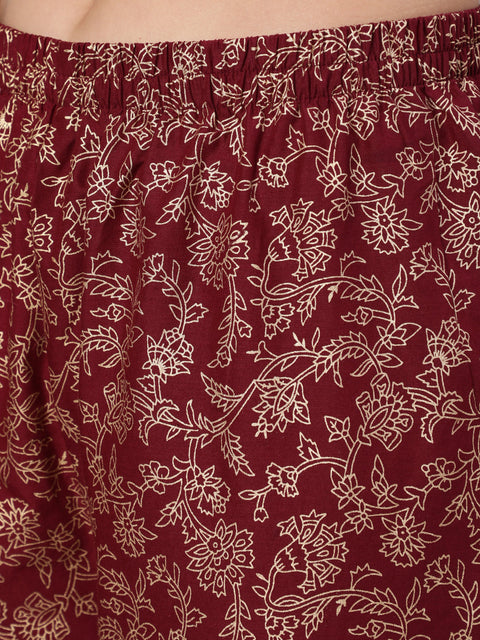 Women Burgundy Ethnic Printed Kurta With Palazzo And Dupatta