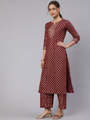 Women Burgundy Ethnic Printed Kurta With Palazzo And Dupatta