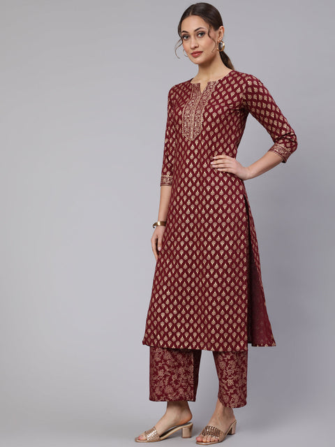 Women Burgundy Ethnic Printed Kurta With Palazzo And Dupatta
