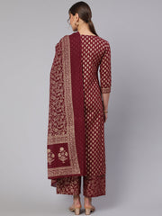 Women Burgundy Ethnic Printed Kurta With Palazzo And Dupatta
