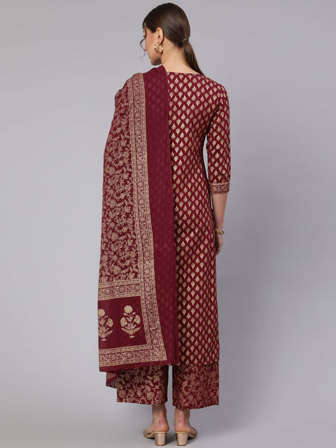 Women Burgundy Ethnic Printed Kurta With Palazzo And Dupatta