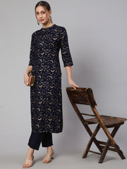 Women Navy Blue Ethnic Printed Straight Kurta With Trouser