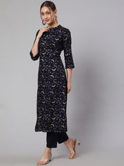 Women Navy Blue Ethnic Printed Straight Kurta With Trouser