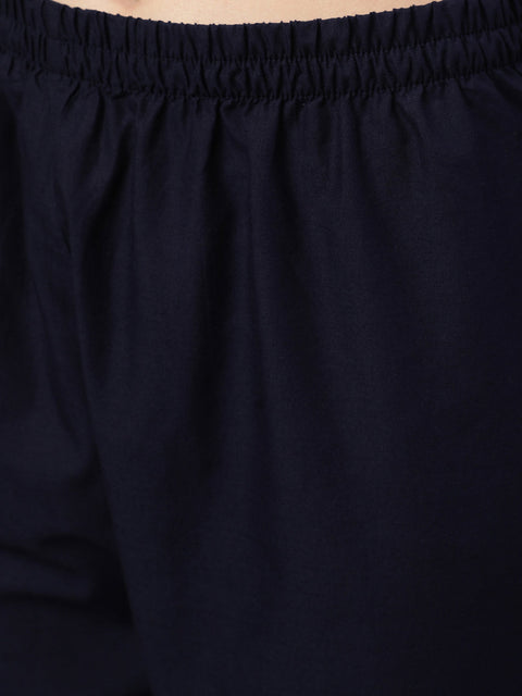 Women Navy Blue Ethnic Printed Straight Kurta With Trouser