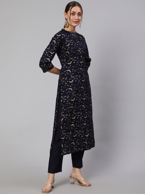 Women Navy Blue Ethnic Printed Straight Kurta With Trouser