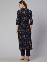 Women Navy Blue Ethnic Printed Straight Kurta With Trouser