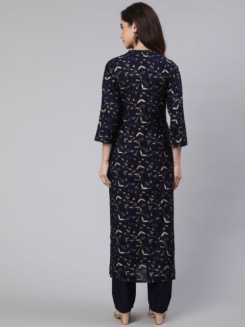 Women Navy Blue Ethnic Printed Straight Kurta With Trouser