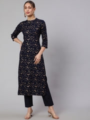 Women Navy Blue Ethnic Printed Straight Kurta With Trouser