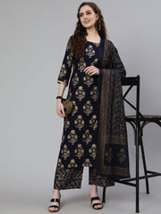 Women Navy Blue Ethnic Printed Kurta With Palazzo And Dupatta